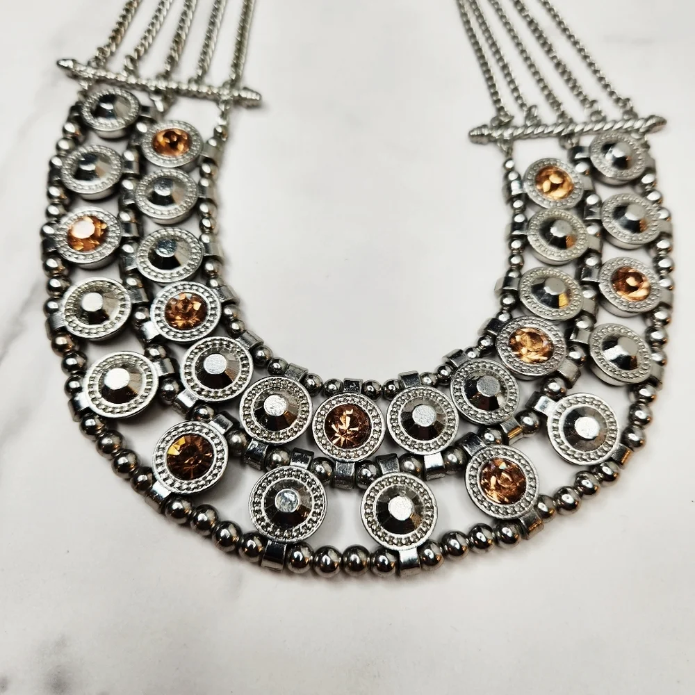 Silver Tone Metal Multi Chain Glass Gem Adjustable Collar Necklace Brutalist
